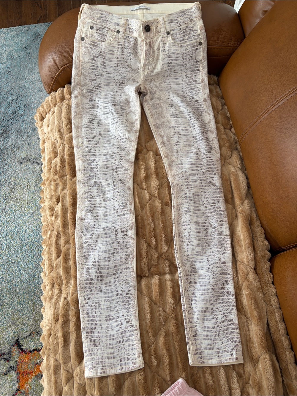 7 For All Mankind White Snake-Print Skinny Jeans